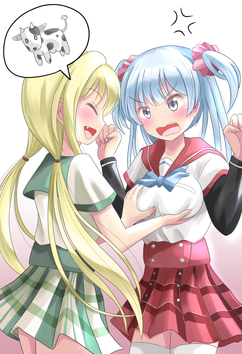 2girls absurdres bangs blonde_hair blue_eyes blue_hair breasts chuuou_academy_uniform good_meat_day groping highres kamihama_university_affiliated_school_uniform large_breasts long_hair magia_record:_mahou_shoujo_madoka_magica_gaiden mahou_shoujo_madoka_magica minami_rena mitsuki_felicia multiple_girls open_mouth school_uniform scrunchie skirt smile twintails two_side_up user_rrxn8224