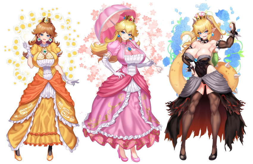 3girls absurdres alternate_breast_size alternate_hair_length alternate_hairstyle bangs black_legwear blonde_hair blue_eyes bowsette bracelet breasts brown_hair cleavage collar crossed_bangs crown dress earrings elbow_gloves eyebrows_visible_through_hair eyelashes flower_earrings full_body gloves hand_on_hip high_heels highres horns huge_breasts jewelry large_breasts leotard lipstick long_hair looking_at_viewer makeup mario_(series) multiple_girls muscular new_super_mario_bros._u_deluxe nez-box orange_dress orange_footwear pink_dress pink_footwear pink_lips pointy_ears princess princess_daisy princess_peach puffy_short_sleeves puffy_sleeves short_sleeves simple_background smile spiked_bracelet spiked_collar spiked_shell spiked_tail spikes standing strapless strapless_leotard super_crown tail thighhighs umbrella white_gloves