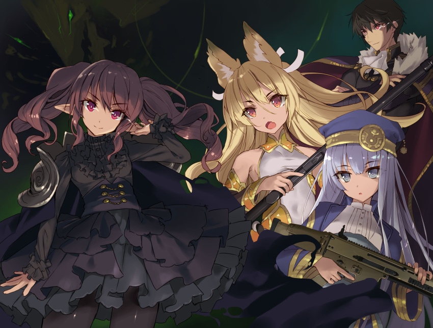 &gt;:) 1boy 3girls :o absurdres animal_ears assault_rifle bangs bare_shoulders black_dress black_hair black_legwear blonde_hair blue_eyes blue_hair brown_hair cape closed_mouth detached_sleeves dress eyebrows_visible_through_hair eyes_visible_through_hair fn_scar fox_ears frills gun hand_on_ear hat head_tilt highres holding holding_gun holding_weapon kuina_(maou-sama_no_machi_zukuri!) layered_dress long_hair long_sleeves looking_at_viewer maou-sama_no_machi_zukuri!_~saikyou_no_dungeon_wa_kindai_toshi~ multiple_girls novel_illustration official_art open_mouth pantyhose parted_lips pointy_ears procel_(maou-sama_no_machi_zukuri!) red_eyes rifle rorono_(maou-sama_no_machi_zukuri!) second-party_source shiny shiny_hair short_hair shotgun smile stolas_(maou-sama_no_machi_zukuri!) straight_hair textless tsurusaki_takahiro twintails v-shaped_eyebrows weapon