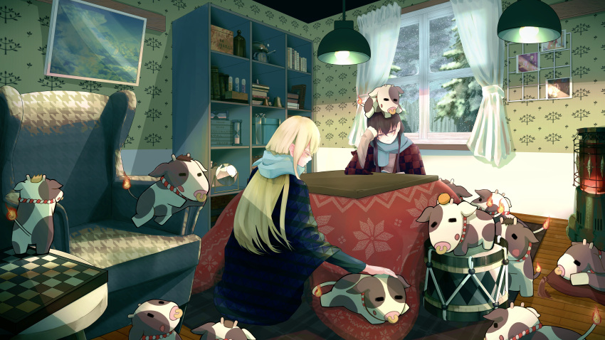 2girls absurdres animal_on_head armchair atelier_bell bangs black_hair blonde_hair bookshelf chair chessboard cow curtains drum fire food fruit hand_on_forehead hanging_light hanten_(clothes) heater highres houndstooth hourglass indoors instrument kotatsu long_hair long_sleeves mandarin_orange multiple_girls on_floor on_head original petting photo_(object) profile scarf shelf snowing table tail-tip_fire too_many undersized_animal wallpaper_(object) window winter wooden_floor