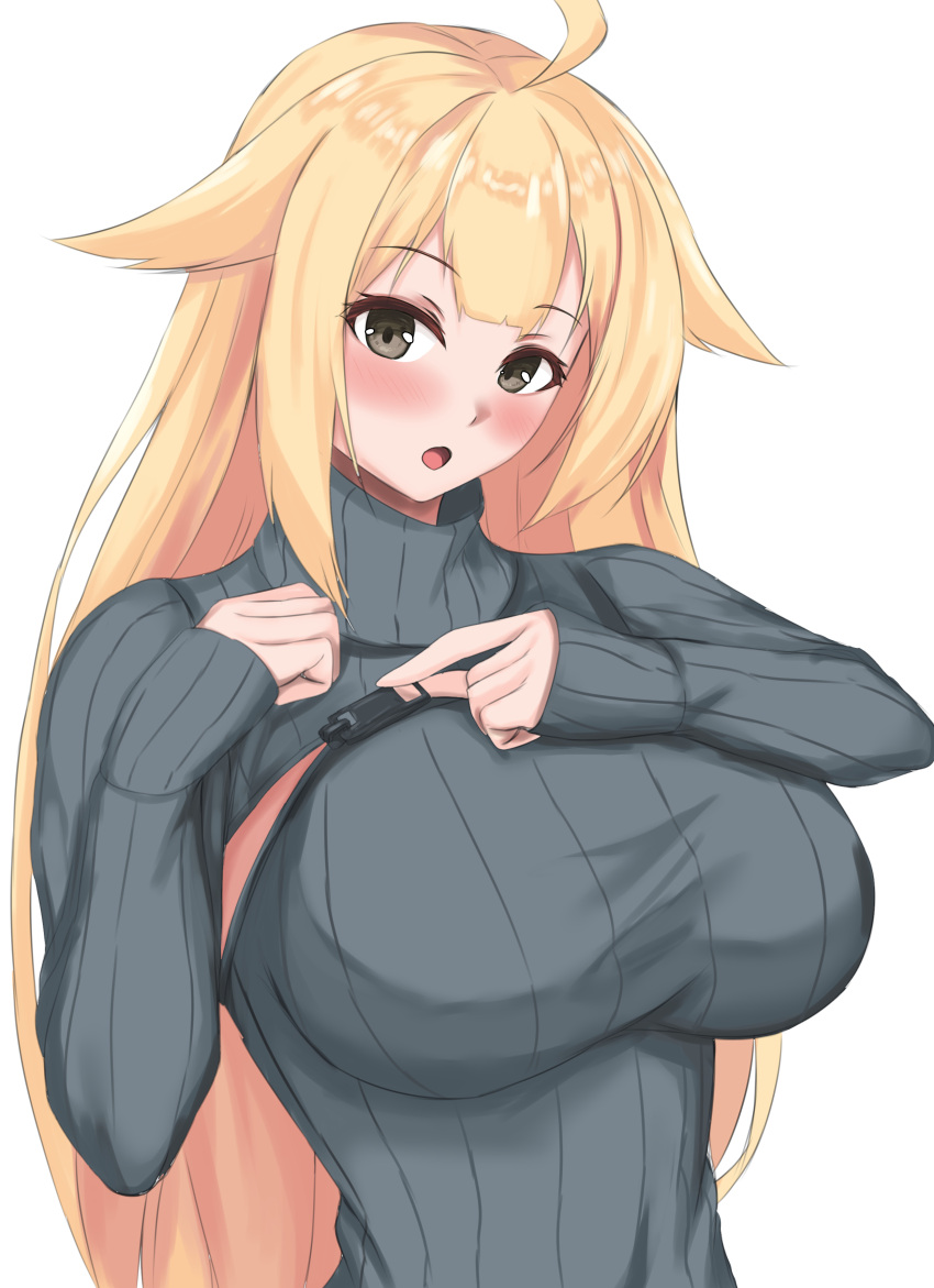 1girl absurdres ahoge blonde_hair blush breasts brown_eyes girls'_frontline grey_sweater hair_flaps highres large_breasts long_hair long_sleeves looking_at_viewer m1918_(girls'_frontline) open_mouth scourer_14 sidelocks simple_background solo sweater white_background