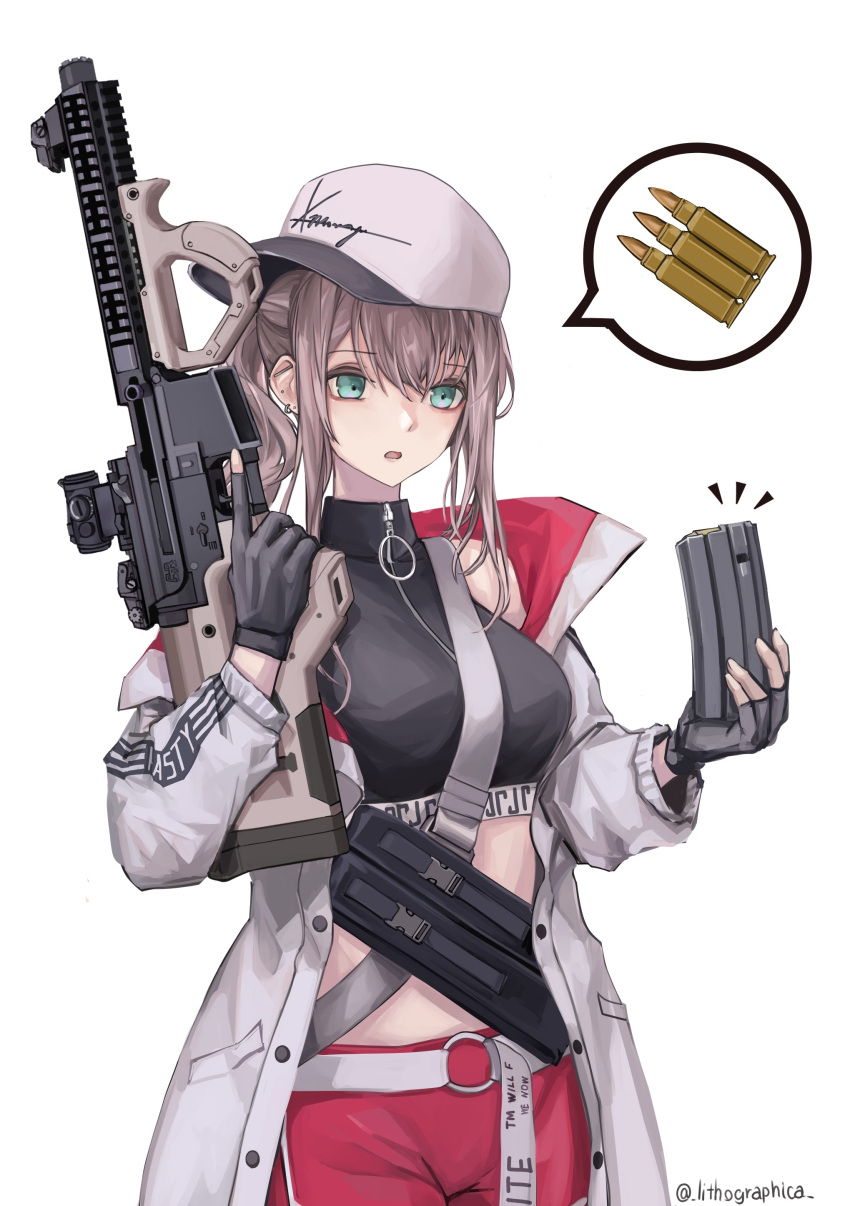 1girl :o absurdres aqua_eyes ar-57 ar-57_(girls'_frontline) assault_rifle bangs black_gloves black_tank_top eye_piercing eyebrows_visible_through_hair feet_out_of_frame fingerless_gloves girls'_frontline gloves grey_hair gun hair_between_eyes highres holding holding_gun holding_magazine_(weapon) holding_weapon jacket lithographica long_hair looking_down open_clothes open_jacket open_mouth ponytail red_shorts rifle shorts solo standing tank_top twitter_username weapon white_background white_headwear white_jacket