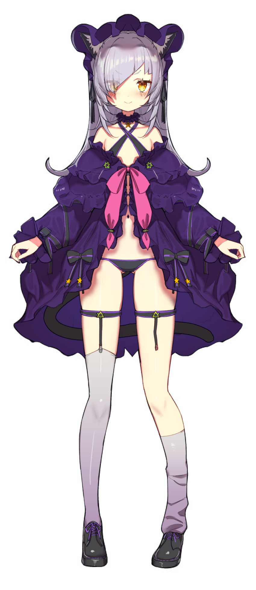 1girl absurdres alternate_costume alternate_hairstyle animal_ear_fluff animal_ears asymmetrical_legwear bangs bikini bikini_bottom black_bikini black_ribbon blunt_bangs blush cat_ears cat_tail choker closed_mouth collarbone frilled_coat full_body garter_straps hair_over_one_eye halterneck highres hololive looking_at_viewer murasaki_shion oshiruko_(oshiruco_212048) purple_legwear ribbon shiny shiny_hair shoes sidelocks silver_hair solo swimsuit tachi-e tail thighhighs uneven_legwear virtual_youtuber white_background yellow_eyes