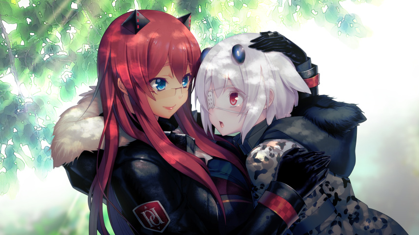 2girls black_coat black_gloves blue_eyes coat con_su eyepatch floating_hair game_cg gloves headgear hooded_coat kibanohara_ethica long_hair long_sleeves multiple_girls official_art oosaki_shin'ya petting red_eyes red_hair shiny shiny_hair short_hair silver_hair sunlight tokyo_necro upper_body very_long_hair