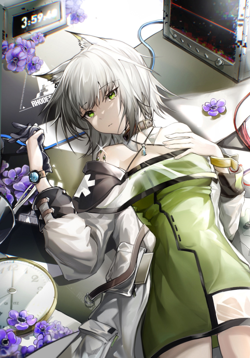 alarm_clock animal_ear_fluff animal_ears arknights bangs bare_shoulders black_gloves breasts cat_ears cleavage clock closed_mouth collar commentary_request criss-cross_halter dress expressionless eyebrows_visible_through_hair flower gloves green_dress green_eyes halter_dress halterneck hand_on_own_chest highres holding holding_clothes holding_gloves kal'tsit_(arknights) labcoat long_sleeves looking_away looking_to_the_side lying medium_breasts on_back open_clothes oripathy_lesion_(arknights) purple_flower rhodes_island_logo see-through short_hair silver_hair solo sparkle tabayashi television watch wristwatch