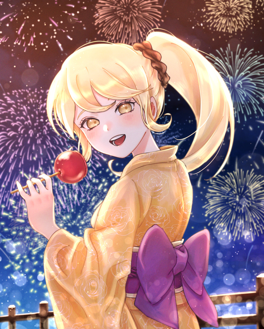 1girl :d alternate_hairstyle bangs blonde_hair blush bow brown_scrunchie candy_apple commentary_request danganronpa_(series) danganronpa_2:_goodbye_despair dbals0807 eyebrows_visible_through_hair fireworks floral_print food hair_ornament hair_scrunchie highres japanese_clothes kimono large_bow long_hair long_sleeves obi open_mouth orange_eyes orange_kimono outdoors pink_bow ponytail railing saionji_hiyoko sash scrunchie smile solo teeth