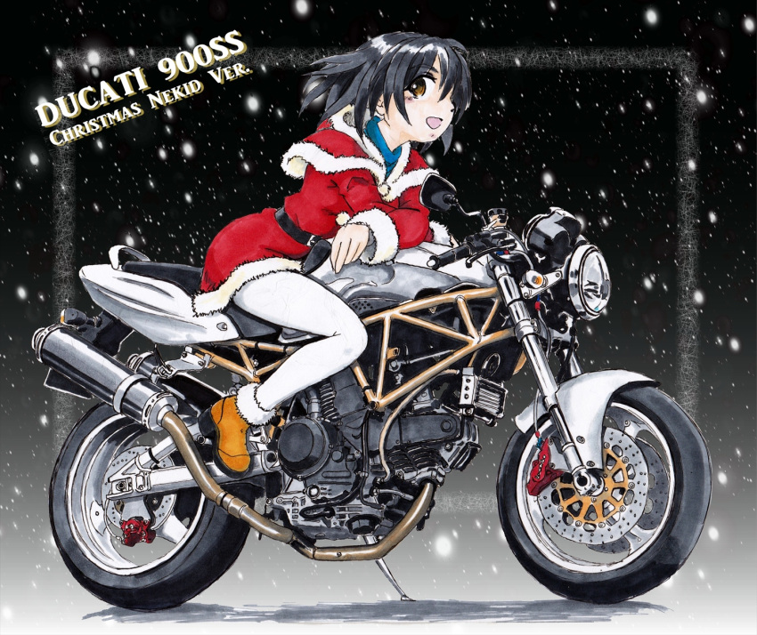 1girl bangs black_hair brown_eyes brown_footwear capelet christmas commentary_request dress ducati ducati_900ss fur-trimmed_capelet fur-trimmed_dress fur-trimmed_footwear fur_trim ground_vehicle highres kirie_(kouya_no_kotobuki_hikoutai) kouya_no_kotobuki_hikoutai leaning_forward long_sleeves looking_at_viewer motor_vehicle motorcycle nishimiya_makoto on_motorcycle open_mouth pantyhose red_capelet red_dress santa_dress short_dress short_hair smile snowing solo white_legwear