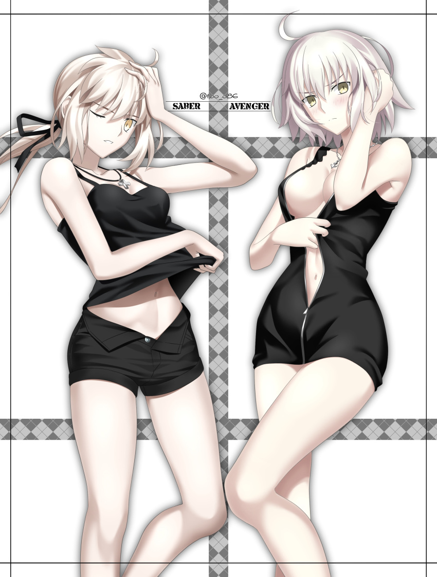 2girls absurdres artoria_pendragon_(fate) bangs black_dress black_ribbon black_shorts breasts character_name cross cross_necklace dress fate/grand_order fate_(series) foo_(pixiv54892036) full-length_zipper highres jeanne_d'arc_(alter)_(fate) jeanne_d'arc_(fate) jet_black_king_of_knights_ver._shinjuku_1999 jewelry large_breasts low_ponytail multiple_girls navel necklace one_eye_closed ribbon saber_alter shirt short_dress short_hair shorts silver_hair sleeveless sleeveless_shirt tsurime white_background wicked_dragon_witch_ver._shinjuku_1999 yellow_eyes zipper