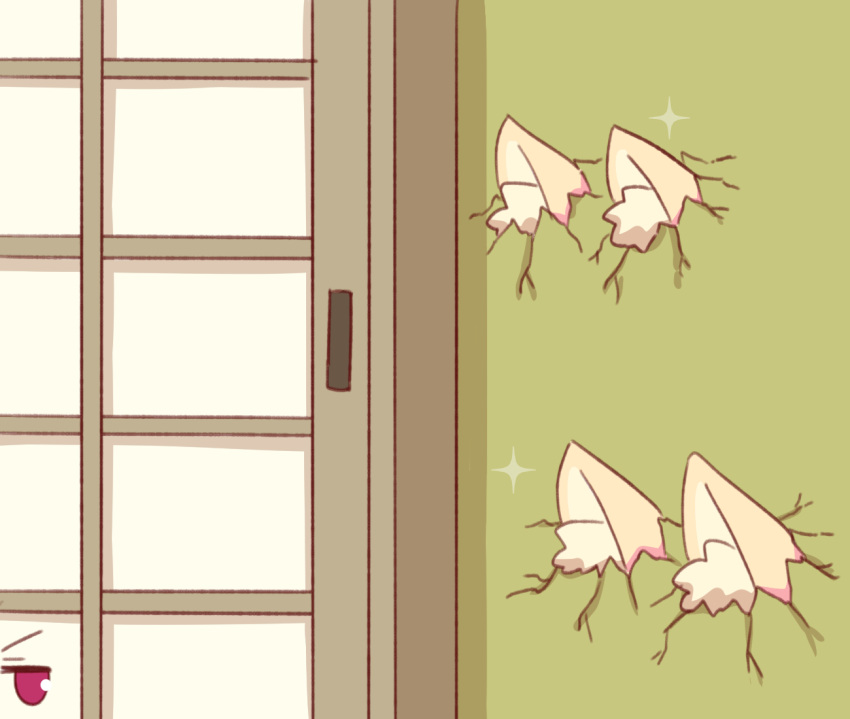 3girls animal_ear_fluff animal_ears commentary cracked_wall fox_ears kemomimi-chan_(naga_u) multiple_girls naga_u original red_eyes shouji sliding_doors sparkle through_wall too_literal v-shaped_eyebrows