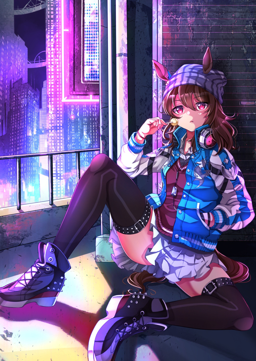 1girl animal_ears bangs beanie black_legwear blue_jacket bracelet brown_hair building candy city_lights collared_jacket collared_shirt commentary_request ears_through_headwear food full_body grey_shirt hand_in_pocket hat headphones headphones_around_neck hero_(10cl3) high_tops highres holding holding_candy holding_food holding_lollipop horse_ears horse_girl horse_tail jacket jewelry knee_up lollipop long_hair long_sleeves looking_at_viewer miniskirt nakayama_festa_(umamusume) outdoors parted_lips pleated_skirt popped_collar purple_eyes red_sweater shirt shoes sitting skirt skyscraper sneakers solo spiked_shoes spikes sweater sweater_vest tail thighhighs triangle_mouth umamusume white_skirt