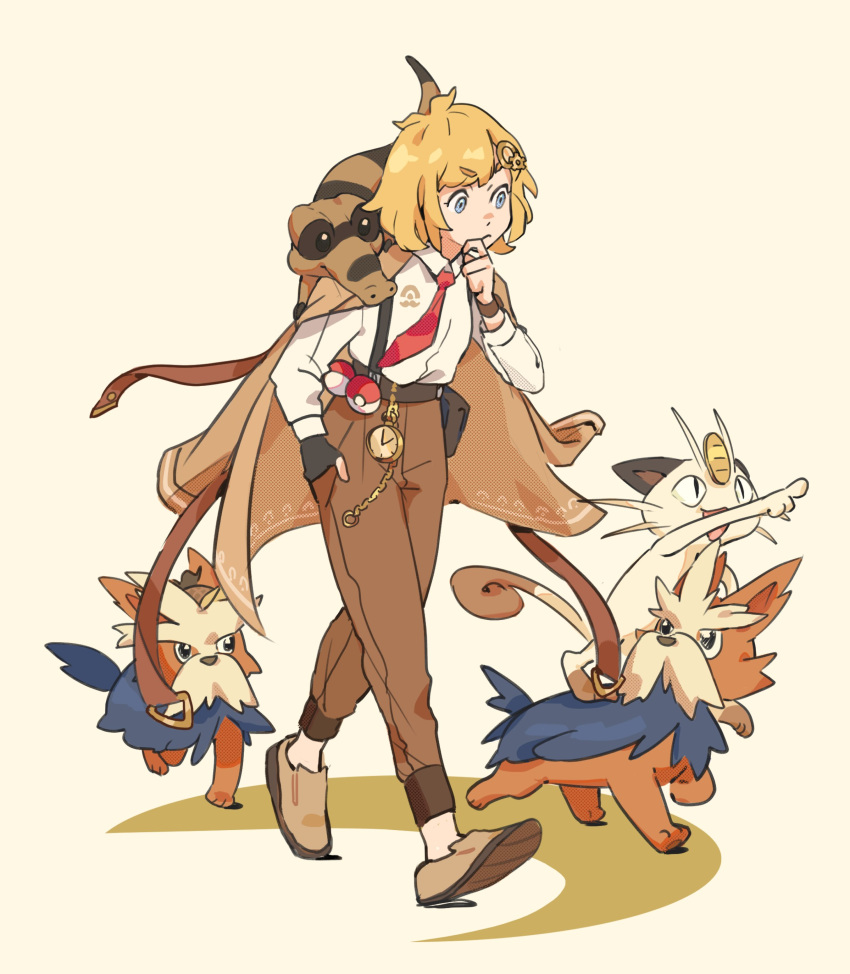 1girl absurdres belt black_belt blonde_hair blue_eyes brown_footwear brown_jacket brown_pants collared_shirt commentary crossover english_commentary eyebrows_visible_through_hair finger_to_own_chin herdier highres hololive hololive_english jacket jacket_on_shoulders jawli looking_ahead meowth necktie on_shoulder pants pointing poke_ball poke_ball_(basic) pokemon pokemon_(creature) pokemon_on_shoulder red_necktie sandile shirt short_hair solo_focus suspenders virtual_youtuber walking watson_amelia white_shirt