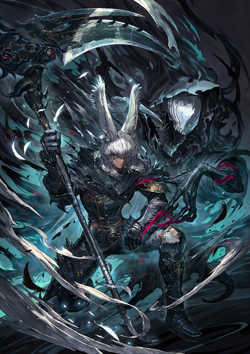 1boy 1other absurdres animal_ears armor avatar_(ffxiv) claws cloak final_fantasy final_fantasy_xiv highres hood kneeling looking_at_viewer open_mouth rabbit_ears reaper_(final_fantasy) sa-dui scythe serious silver_hair smoke viera voidsent