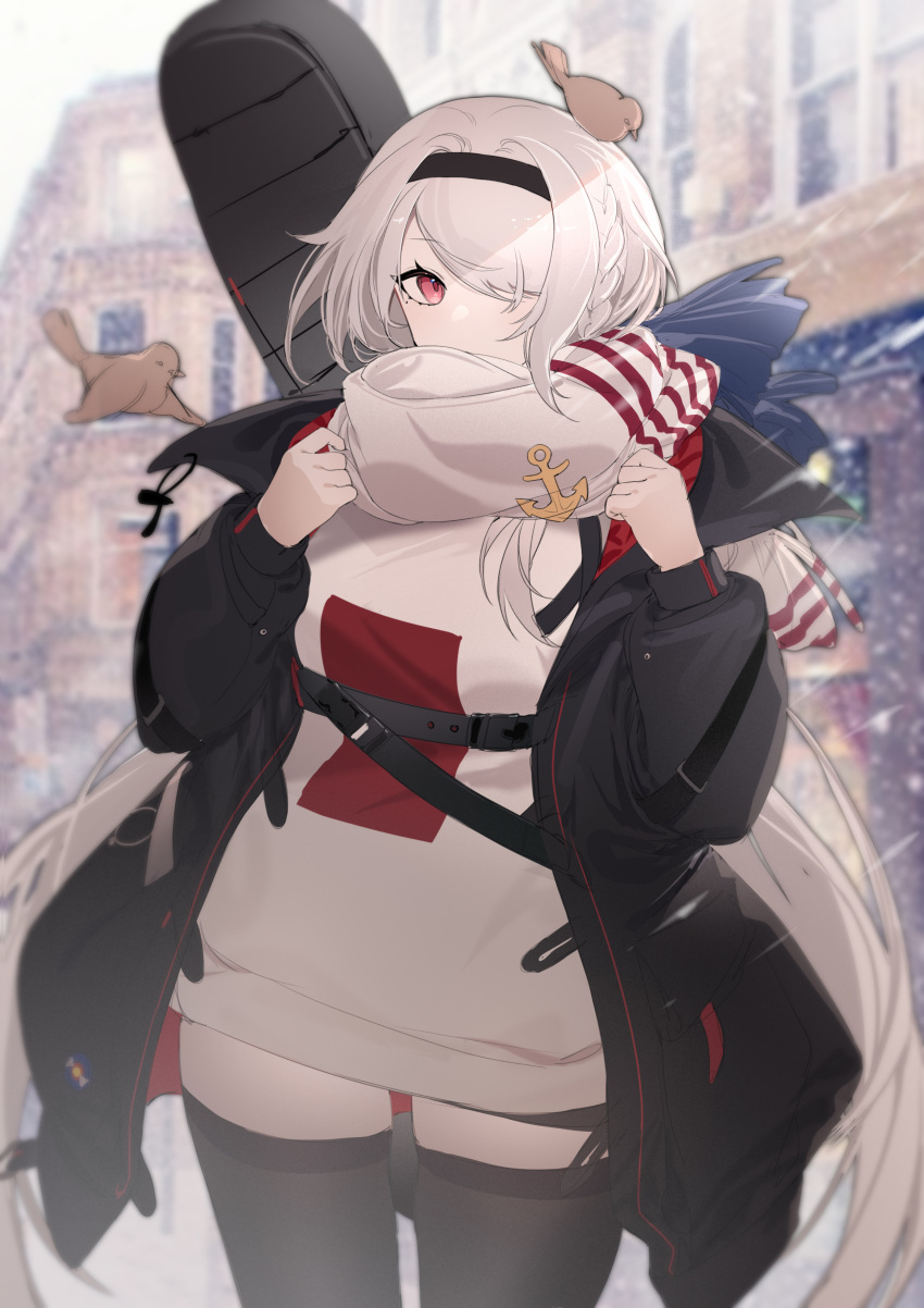 1girl absurdres animal_on_head azur_lane bangs bird bird_on_head black_jacket black_legwear city colorado_(azur_lane) colorado_(traveling_melody)_(azur_lane) commentary cowboy_shot guitar_case hair_intakes hair_over_one_eye hairband highres instrument_case jacket long_hair looking_at_viewer on_head outdoors red_eyes scarf shibuya_(kurokamishain) snow snowing solo standing sweater swept_bangs thighhighs very_long_hair white_hair white_sweater zettai_ryouiki