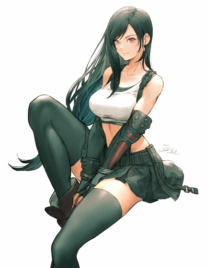 1girl absurdres bangs black_hair black_skirt boots breasts commentary crop_top drop_earrings earrings elbow_pads final_fantasy final_fantasy_vii final_fantasy_vii_remake fingerless_gloves gloves highres jewelry kuroimori large_breasts long_hair looking_at_viewer low-tied_long_hair midriff own_hands_together pencil_skirt pleated_skirt red_footwear shirt sitting skirt solo suspender_skirt suspenders suspenders_gap swept_bangs tank_top taut_clothes taut_shirt thighhighs tifa_lockhart watermark white_background white_tank_top zettai_ryouiki