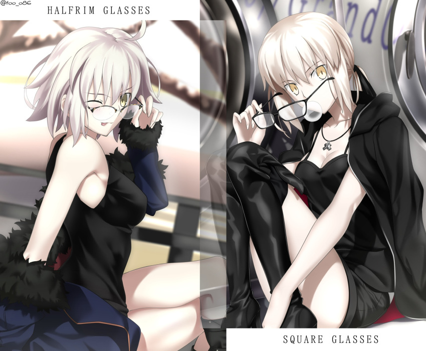 2girls artoria_pendragon_(fate) bangs bare_shoulders black_camisole black_dress black_footwear black_jacket black_ribbon black_shorts blonde_hair blue_coat boots breasts bubble_blowing camisole chewing_gum cleavage coat collarbone crossed_legs dress fate/grand_order fate_(series) foo_(pixiv54892036) fur-trimmed_coat fur_trim glasses hair_ribbon highres jacket jacket_on_shoulders jeanne_d'arc_(alter)_(fate) jeanne_d'arc_(fate) jet_black_king_of_knights_ver._shinjuku_1999 jewelry knee_boots large_breasts long_hair long_sleeves looking_at_viewer low_ponytail multiple_girls necklace off_shoulder official_style one_eye_closed open_clothes open_coat open_jacket ribbon saber_alter short_dress short_hair short_shorts shorts sidelocks silver_hair sitting small_breasts smile squatting thighs wicked_dragon_witch_ver._shinjuku_1999 yellow_eyes