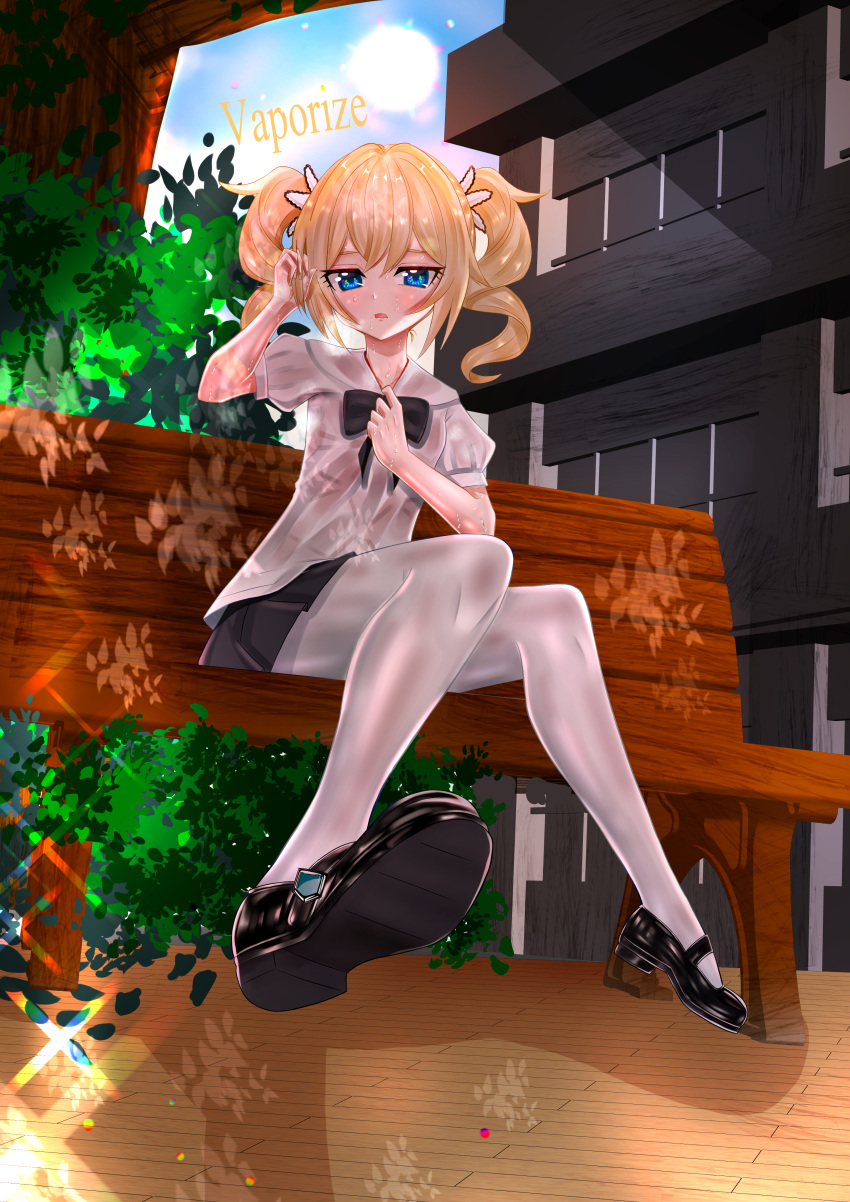 1girl absurdres bangs barbara_(genshin_impact) bench black_bow blonde_hair blue_eyes blue_sky bow building collar_tug commentary english_commentary genshin_impact highres hot outdoors pantyhose school_uniform see-through serafuku shibari shirt sitting sky sweat sweaty_clothes taekmackker thai_text thailand twintails uniform wet wet_clothes white_shirt