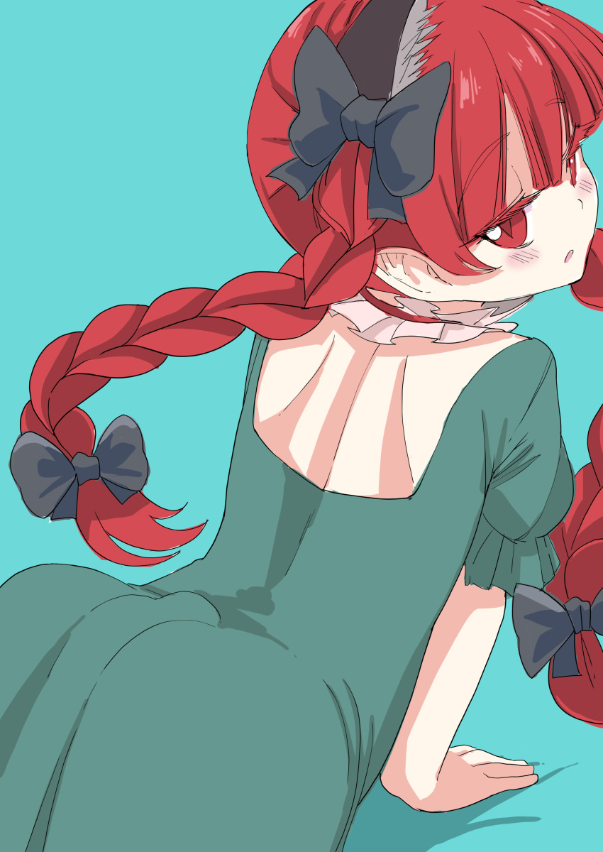 1girl absurdres anda_inmu animal_ears back_cutout blush bow braid cat_ears cat_tail choker clothing_cutout colored_eyelashes dress extra_ears frills green_dress highres kaenbyou_rin looking_at_viewer looking_back lying nekomata one-hour_drawing_challenge pointy_ears puffy_short_sleeves puffy_sleeves red_eyes red_hair short_sleeves simple_background slit_pupils solo tail touhou twin_braids