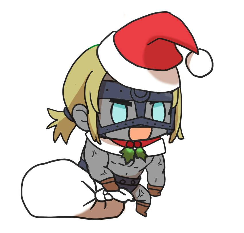 1boy :d alternate_costume blonde_hair blue_eyes blush brown_footwear chibi christmas colored_skin fate/grand_order fate_(series) gift_bag grey_skin hat highres holding holding_sack kkeiixxx long_sleeves male_focus meme muscular muscular_male no_pupils padoru_(meme) red_headwear sack santa_costume santa_hat smile solo spartacus_(fate) tied_hair white_background