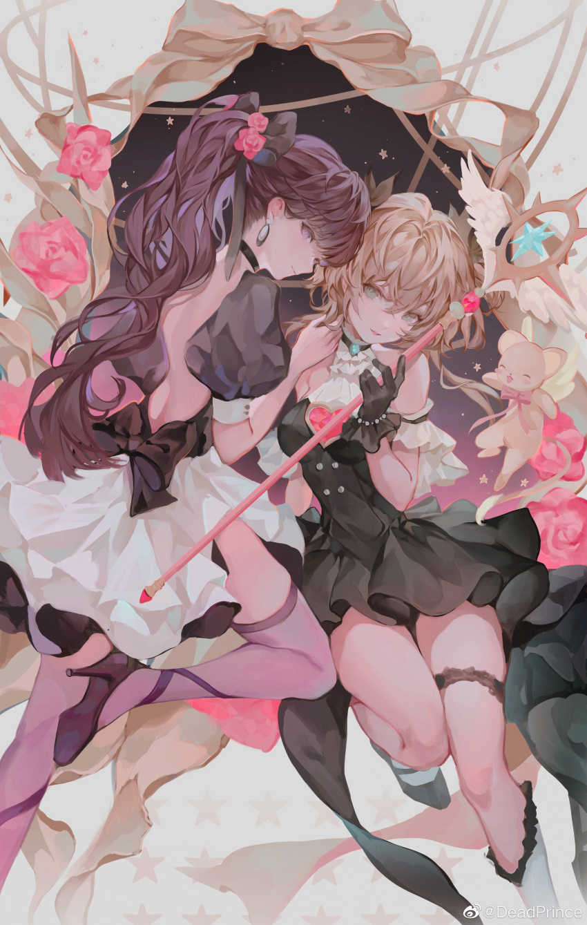 2girls absurdres ascot backless_outfit black_choker black_dress black_footwear black_gloves black_ribbon blonde_hair brown_hair cardcaptor_sakura cat chinese_commentary choker closed_mouth commentary_request daidouji_tomoyo deadprince dress earrings flower gloves green_eyes hair_flower hair_ornament hair_ribbon high_heels highres holding holding_staff jewelry kero kinomoto_sakura kneehighs long_hair looking_at_viewer multiple_girls parted_lips pink_flower ponytail puffy_short_sleeves puffy_sleeves purple_eyes ribbon short_sleeves smile staff star_(symbol) thigh_strap thighhighs very_long_hair weibo_username white_ascot white_legwear yume_no_tsue