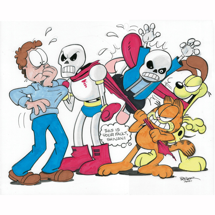 3boys annoyed blue_eyes blue_jacket blue_pants blue_sweater boots brown_eyes cape cape_tug cat crossover dog english_commentary english_text garfield garfield_(character) gary_barker highres jacket jon_arbuckle looking_at_viewer looking_down marker_(medium) multiple_boys odie_(garfield) open_hands open_mouth pants papyrus_(undertale) red_cape red_footwear sans skeleton sweatdrop sweater thought_bubble tongue tongue_out traditional_media undertale v-shaped_eyebrows white_background