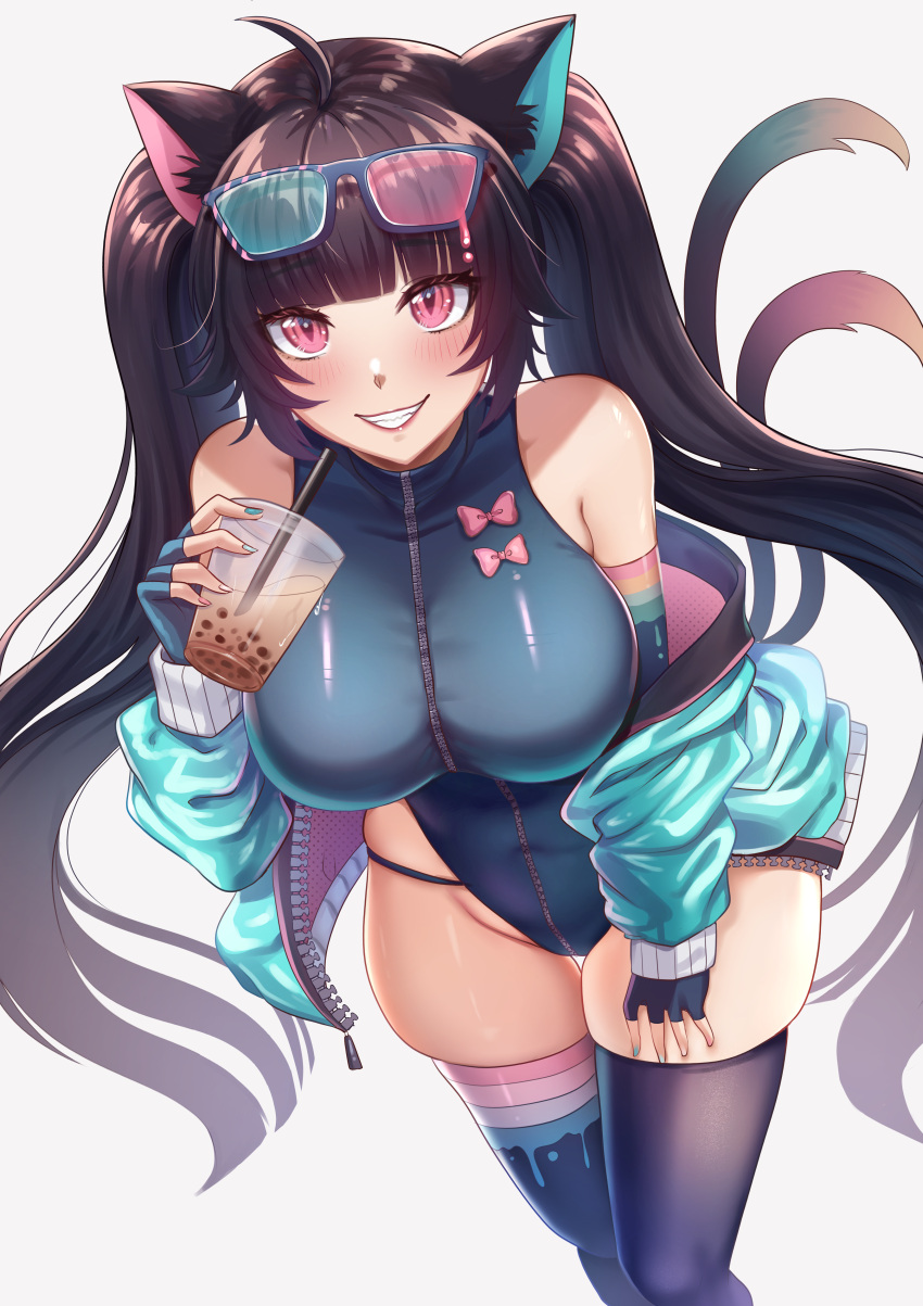 1girl absurdres ahoge animal_ear_fluff animal_ears aqua_jacket aqua_nails bangs bare_shoulders black_hair black_legwear blue_gloves blue_legwear blush bow breasts cat_ears cat_tail commentary cup disposable_cup drinking_straw english_commentary eyebrows_visible_through_hair eyewear_on_head fingerless_gloves fino_ko glasses gloves hand_on_own_leg hand_up highres holding holding_cup indie_virtual_youtuber jacket large_breasts long_hair looking_at_viewer nail_polish nyana_(vtuber) off_shoulder open_clothes open_jacket pink_bow pink_eyes simple_background skindentation slit_pupils smile solo standing tail thighhighs thighs twintails unzipped very_long_hair virtual_youtuber zipper