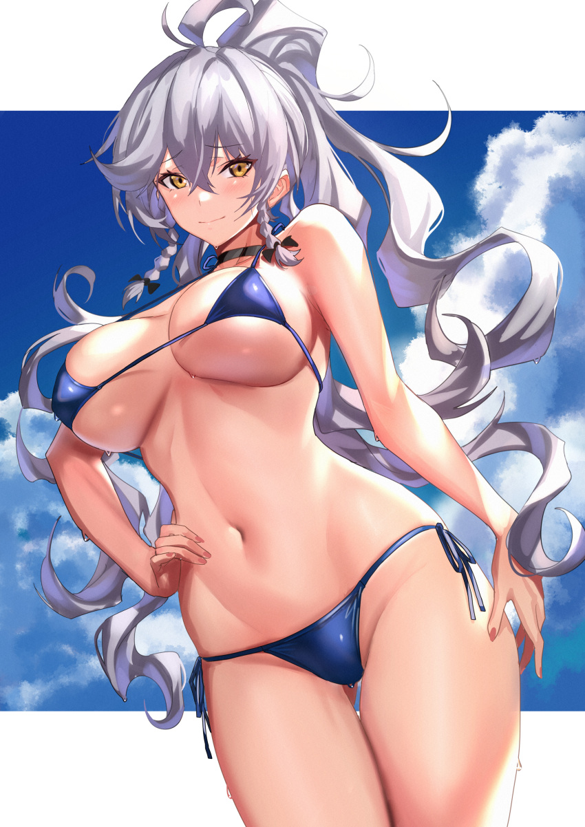 1girl absurdres bangs braid breasts cleavage commentary granblue_fantasy highres large_breasts long_hair looking_at_viewer navel ponytail silva_(granblue_fantasy) silver_hair smile ulrich_(tagaragakuin) yellow_eyes
