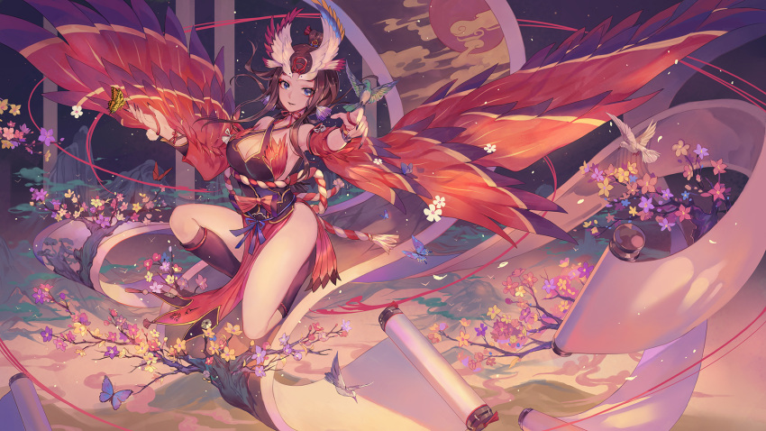 1girl bird blue_eyes breasts brown_hair bug butterfly cleavage closed_mouth criin flower hair_ornament highres japanese_clothes kachou_fuugetsu_(onmyoji) large_breasts looking_at_viewer onmyoji scroll solo thighs wings