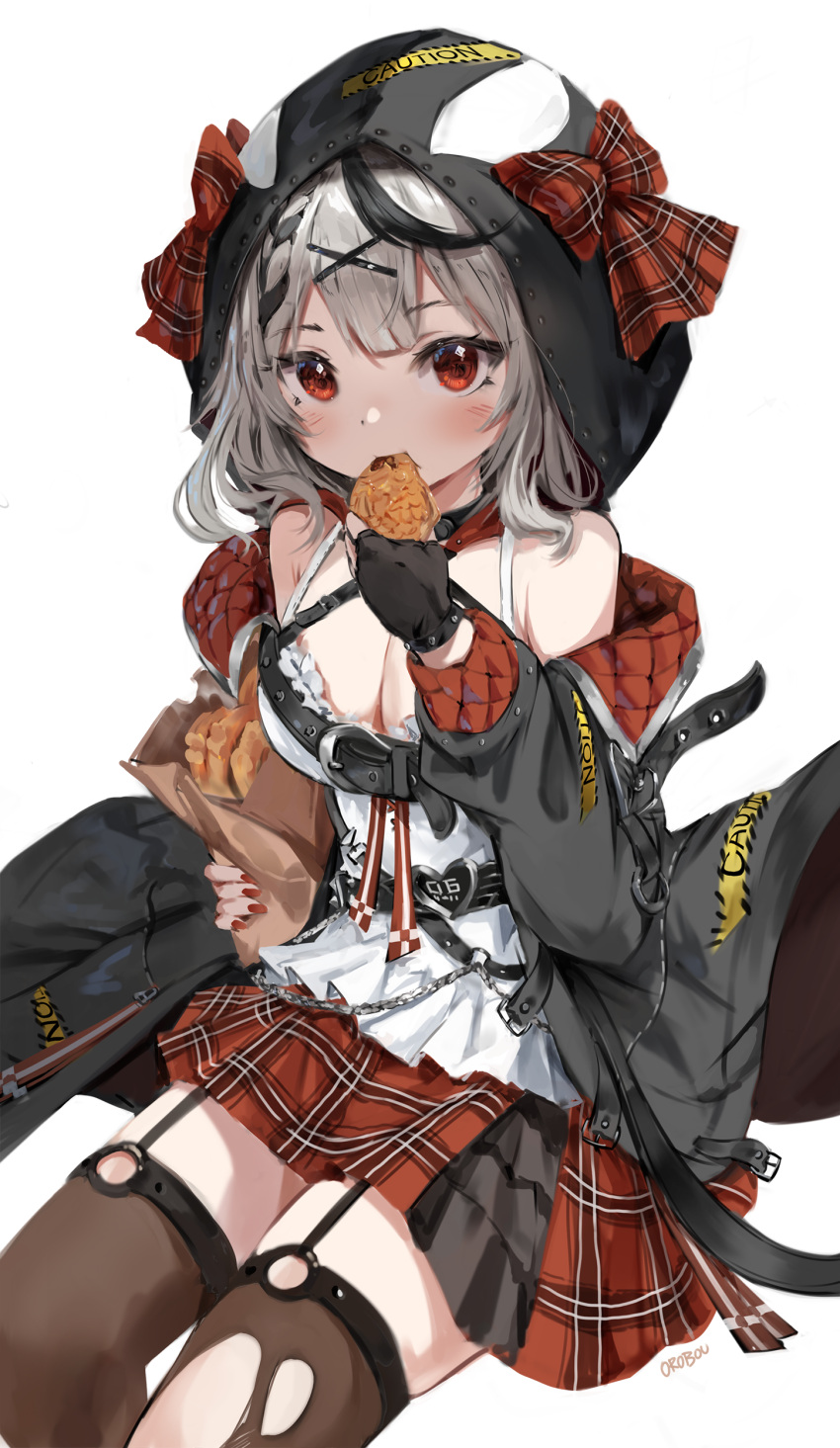 1girl absurdres bag bangs black_gloves black_hair black_jacket blush bow breasts brown_legwear cleavage commentary eating eyebrows_visible_through_hair fingerless_gloves food food_in_mouth garter_straps gloves hair_ornament highres holding holding_bag holding_food hololive hood hood_up jacket long_sleeves looking_at_viewer medium_breasts miniskirt multicolored_hair nail_polish off_shoulder open_clothes open_jacket orobou plaid plaid_bow plaid_skirt red_bow red_eyes red_nails red_skirt sakamata_chloe shirt signature silver_hair simple_background sitting skirt solo streaked_hair taiyaki thighhighs torn_clothes virtual_youtuber wagashi white_background white_shirt x_hair_ornament