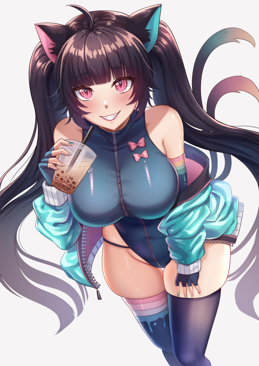 1girl absurdres ahoge animal_ear_fluff animal_ears aqua_jacket aqua_nails bangs bare_shoulders black_hair black_legwear blue_gloves blue_legwear blush bow breasts cat_ears cat_tail commentary cup disposable_cup drinking_straw english_commentary eyebrows_visible_through_hair fingerless_gloves fino_ko gloves hand_on_own_leg hand_up highres holding holding_cup indie_virtual_youtuber jacket large_breasts long_hair looking_at_viewer nail_polish nyana_(vtuber) off_shoulder open_clothes open_jacket pink_bow pink_eyes simple_background skindentation slit_pupils smile solo standing tail thighhighs thighs twintails unzipped very_long_hair virtual_youtuber zipper