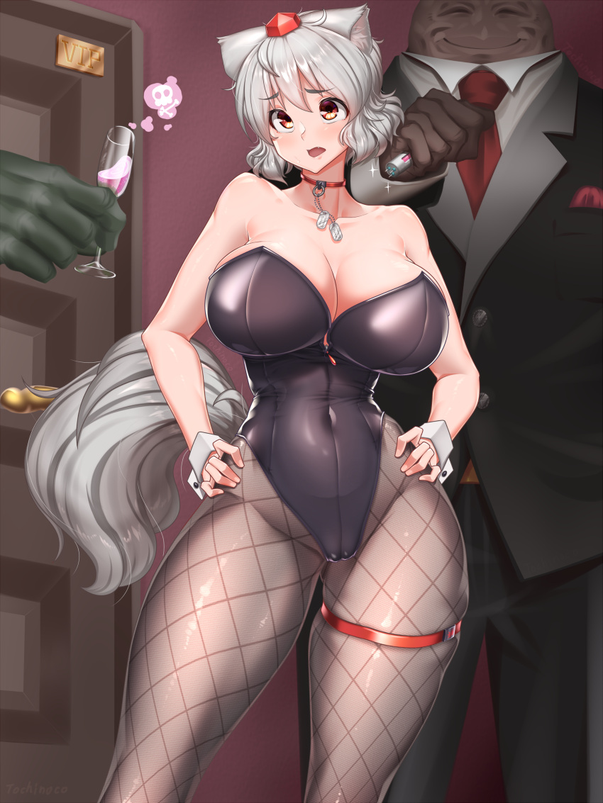 1girl 2boys absurdres animal_ears bare_shoulders breasts business_suit champagne_flute choker cleavage covered_navel cowboy_shot cup dog_tags door drinking_glass eyebrows_visible_through_hair fishnet_legwear fishnets formal hands_on_hips hat highres holding holding_cup huge_breasts imminent_rape inubashiri_momiji leotard multiple_boys nervous open_mouth pantyhose playboy_bunny_leotard poison red_eyes short_hair skindentation skull_and_crossbones smile solo_focus standing strapless suit sweatdrop syringe tail thigh_strap thighs tochinoko tokin_hat touhou wolf_ears wrist_cuffs