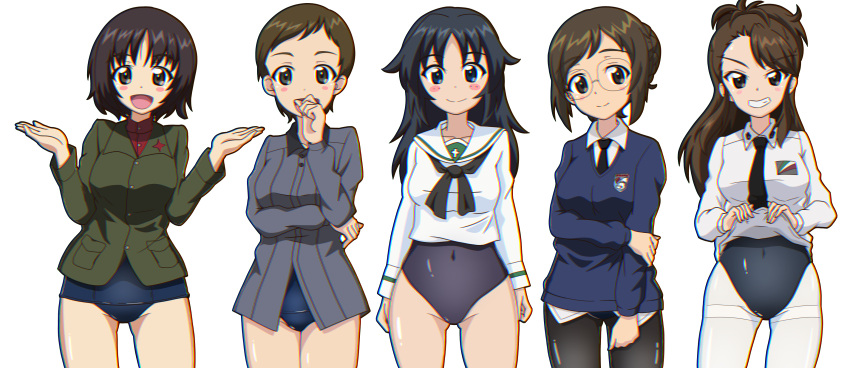 5girls absurdres alina_(girls_und_panzer) amaretto_(girls_und_panzer) anzio_school_uniform asymmetrical_bangs bangs black_eyes black_hair black_legwear blouse blue_eyes blue_hair blue_sweater blue_swimsuit blush_stickers bob_cut braid braided_bun brown_eyes brown_hair chromatic_aberration closed_mouth clothes_lift commentary covered_navel dress_shirt emblem eyebrows_visible_through_hair freckles gesture girls_und_panzer glasses gogopaint green_jacket grey_shirt grin half_updo hand_on_own_arm hand_to_own_mouth highres insignia jacket kojima_emi kuromorimine_school_uniform lifted_by_self long_hair long_sleeves looking_at_viewer multiple_girls neckerchief necktie nilgiri_(girls_und_panzer) no_pants old_school_swimsuit ooarai_school_uniform open_mouth pantyhose pravda_school_uniform red_shirt rimless_eyewear round_eyewear sailor_collar school_swimsuit school_uniform serafuku shirt shirt_lift short_hair side-by-side simple_background smile st._gloriana's_(emblem) st._gloriana's_school_uniform standing sweater swept_bangs swimsuit swimsuit_under_clothes thighband_pantyhose turtleneck v-neck very_short_hair white_background white_blouse white_legwear white_sailor_collar white_shirt wing_collar world_witches_series yamagou_ayumi