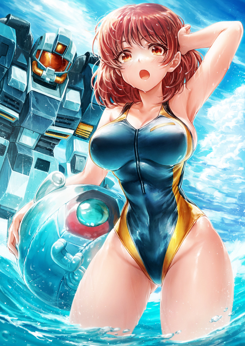 1girl :o aqua_gm arm_behind_head arm_support ass_visible_through_thighs ball_(gundam) bare_legs bare_shoulders bodysuit breasts cloud collarbone commentary covered_navel eyebrows_behind_hair gundam gundam_lost_war_chronicles highleg highleg_swimsuit highres large_breasts mecha multicolored_eyes noel_anderson ocean one-piece_swimsuit open_mouth oyu_udon pointy_breasts red_eyes red_hair short_hair skin_tight sky solo swimsuit taut_clothes taut_swimsuit thick_thighs thighs wet wetsuit yellow_eyes zipper