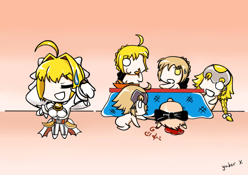 6+girls absurdres ahoge artist_name artoria_pendragon_(fate) black_bow blood bow braid breasts chibi chinese_commentary chinese_text commentary_request eating fate/grand_order fate/stay_night fate_(series) french_braid hair_bow headpiece highres jeanne_d'arc_(alter)_(fate) jeanne_d'arc_(fate) kotatsu large_breasts multiple_girls nero_claudius_(bride)_(fate) nero_claudius_(fate) no_pupils nude okita_souji_(fate) saber saber_alter smile sweatdrop table translation_request white_eyes yellow_eyes yuber.x