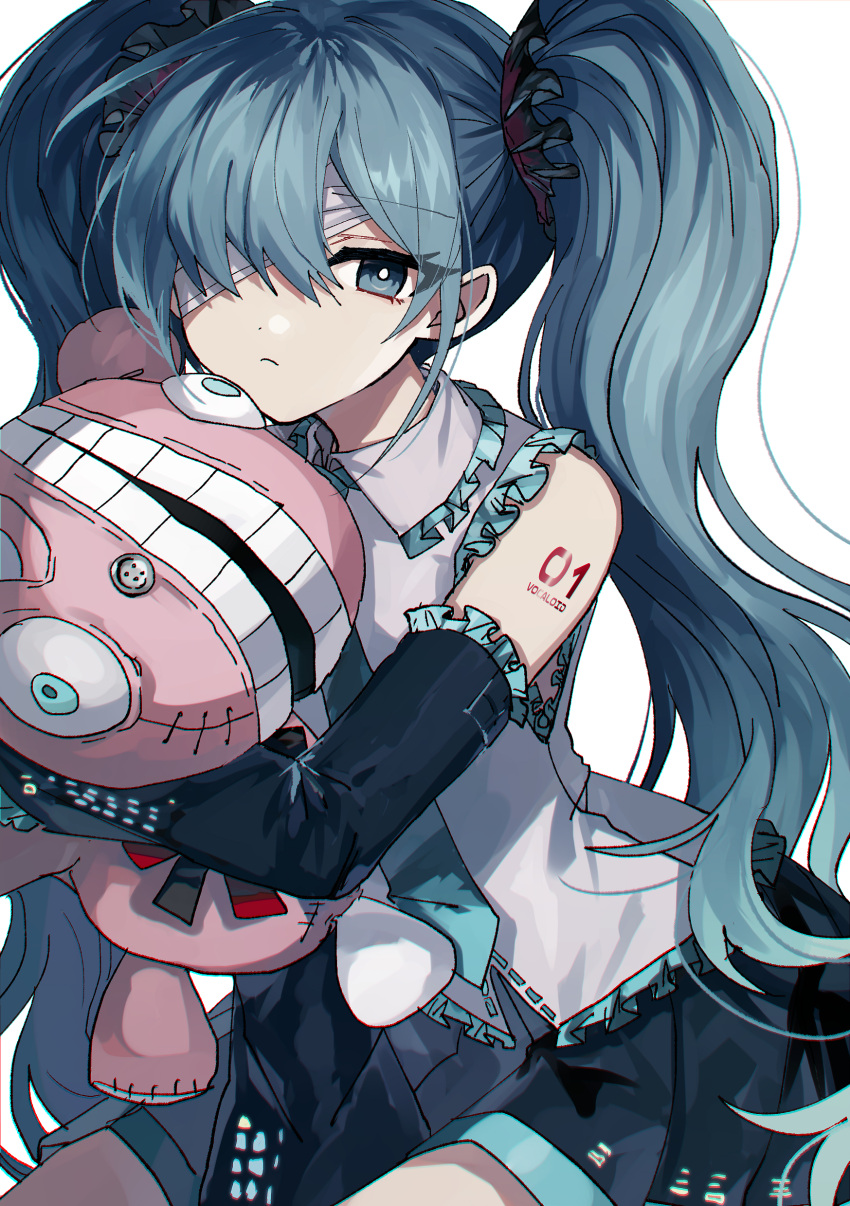 1girl absurdres bandage_over_one_eye black_skirt black_sleeves blue_eyes blue_hair blue_necktie closed_mouth collared_shirt commentary_request danjou_sora detached_sleeves frilled_shirt_collar frilled_sleeves frills grey_shirt hair_over_one_eye hatsune_miku highres long_hair long_sleeves looking_at_viewer necktie object_hug pleated_skirt shirt simple_background skirt sleeveless sleeveless_shirt solo stuffed_toy tsumi_to_batsu_(vocaloid) twintails very_long_hair vocaloid white_background