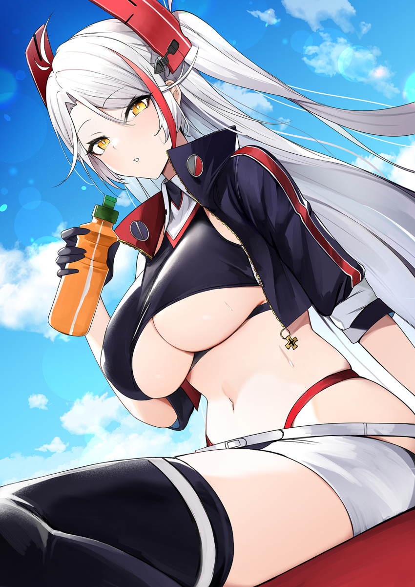 1girl antenna_hair azur_lane black_jacket black_legwear black_shirt bottle breasts collared_shirt crop_top cropped_jacket highleg highres holding jacket large_breasts long_hair looking_at_viewer luse_maonang midriff multicolored_hair navel official_alternate_costume open_clothes open_jacket parted_lips prinz_eugen_(azur_lane) prinz_eugen_(final_lap)_(azur_lane) race_queen revealing_clothes shirt short_shorts short_sleeves shorts sitting skindentation sleeveless sleeveless_shirt solo stomach streaked_hair sweat thighhighs thighs two_side_up underboob very_long_hair white_hair white_shorts yellow_eyes