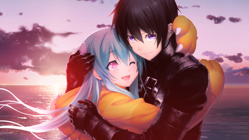 1boy 1girl ;d animal_hands bangs black_gloves black_hair blue_hair cardigan closed_mouth cloud couple eyebrows_visible_through_hair floating_hair game_cg gloves gradient_hair hair_between_eyes hair_ornament hetero hood hood_down hooded_cardigan hougyou_ilia hug long_hair multicolored_hair nagaoka_souun ocean official_art one_eye_closed oosaki_shin'ya outdoors paw_gloves pink_eyes purple_eyes shiny shiny_hair short_hair silver_hair smile sunrise tokyo_necro upper_body very_long_hair yellow_cardigan yellow_gloves