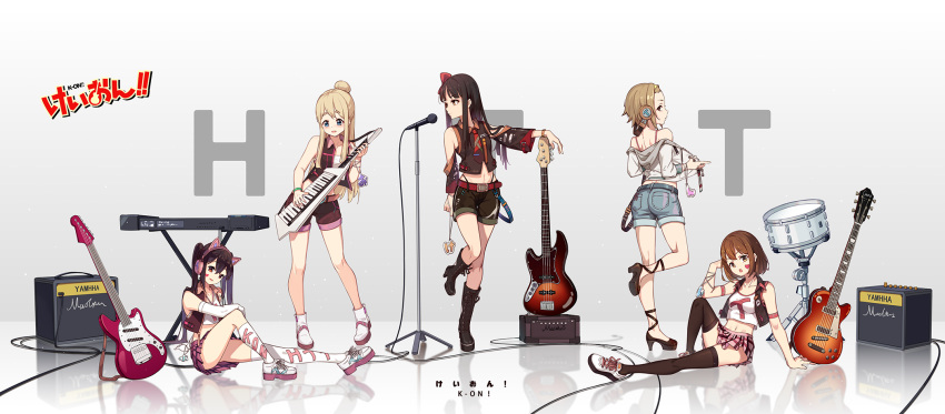 5girls akiyama_mio amplifier animal_ear_headphones arm_support ass bare_shoulders bass_guitar black_hair blonde_hair blue_eyes blush boots bow brown_hair charm_(object) contrapposto copyright_name denim denim_shorts detached_sleeves drum drum_set elbow_gloves electric_guitar from_behind gloves grey_background guitar hair_bow headphones highres hirasawa_yui instrument k-on! keytar kneehighs kotobuki_tsumugi looking_at_viewer looking_back looking_to_the_side midriff multiple_girls nakano_azusa navel plaid plaid_skirt red_eyes reflection shoes short_hair shorts skirt smile sneakers standing standing_on_one_leg swimsuit tainaka_ritsu thighhighs thighs wide_sleeves wire wujia_xiaozi