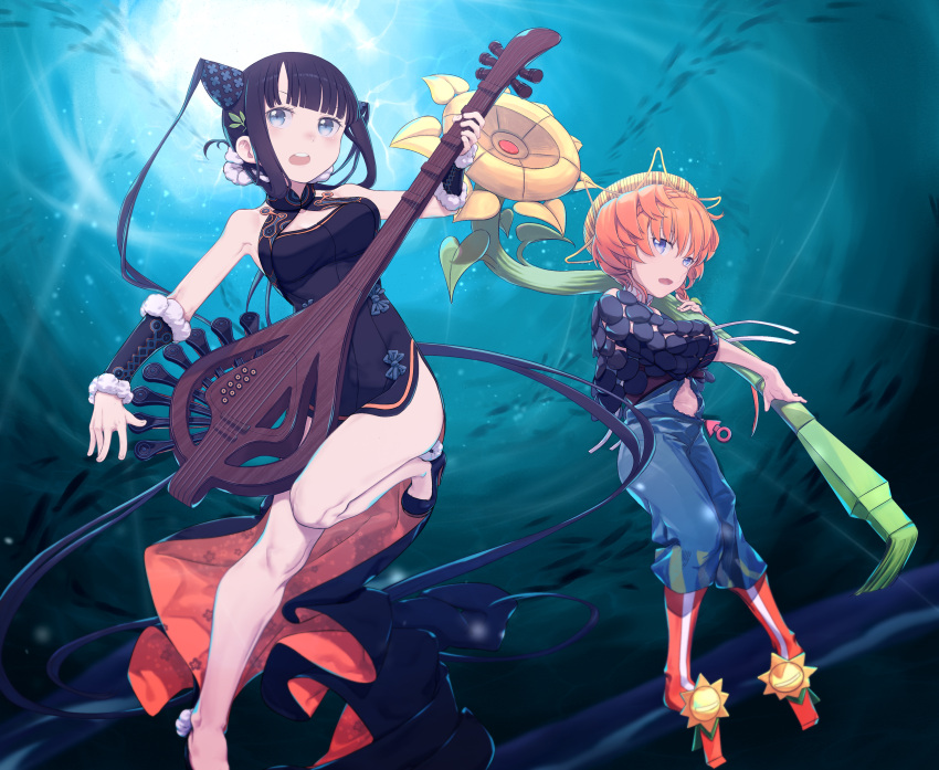 2girls absurdres bangs bare_shoulders black_dress blue_eyes blue_overalls blush braid breasts center_opening china_dress chinese_clothes cleavage crown_braid daisi_gi detached_sleeves dress fate/grand_order fate_(series) flower hair_ornament hat highres large_breasts leaf_hair_ornament long_hair looking_at_viewer multiple_girls navel open_mouth orange_hair overall_shorts overalls pipa_(instrument) puffy_sleeves purple_hair side_braid side_slit sidelocks small_breasts straw_hat sunflower twintails underwater van_gogh_(fate) very_long_hair yang_guifei_(fate) yellow_headwear