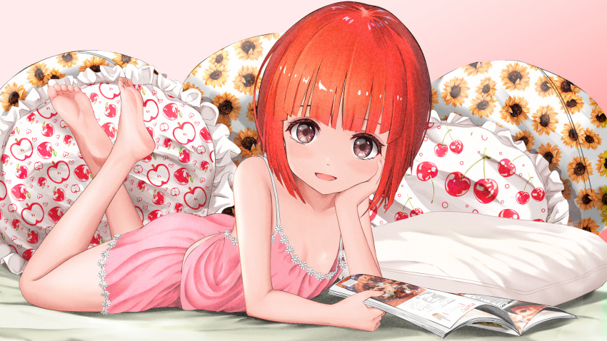 1girl absurdres akai_ringo_(ookami-san) apple_print bangs bare_legs barefoot brown_eyes cherry_print commentary_request crossed_ankles feet feet_up flat_chest floral_print food_print frilled_pillow frills gibun_(sozoshu) hand_on_own_cheek hand_on_own_face highres legs looking_at_viewer lying on_bed on_stomach ookami-san open_magazine open_mouth pillow pink_babydoll pink_shorts print_pillow red_hair revision shiny shiny_hair short_hair shorts smile soles solo sunflower_print tareme the_pose