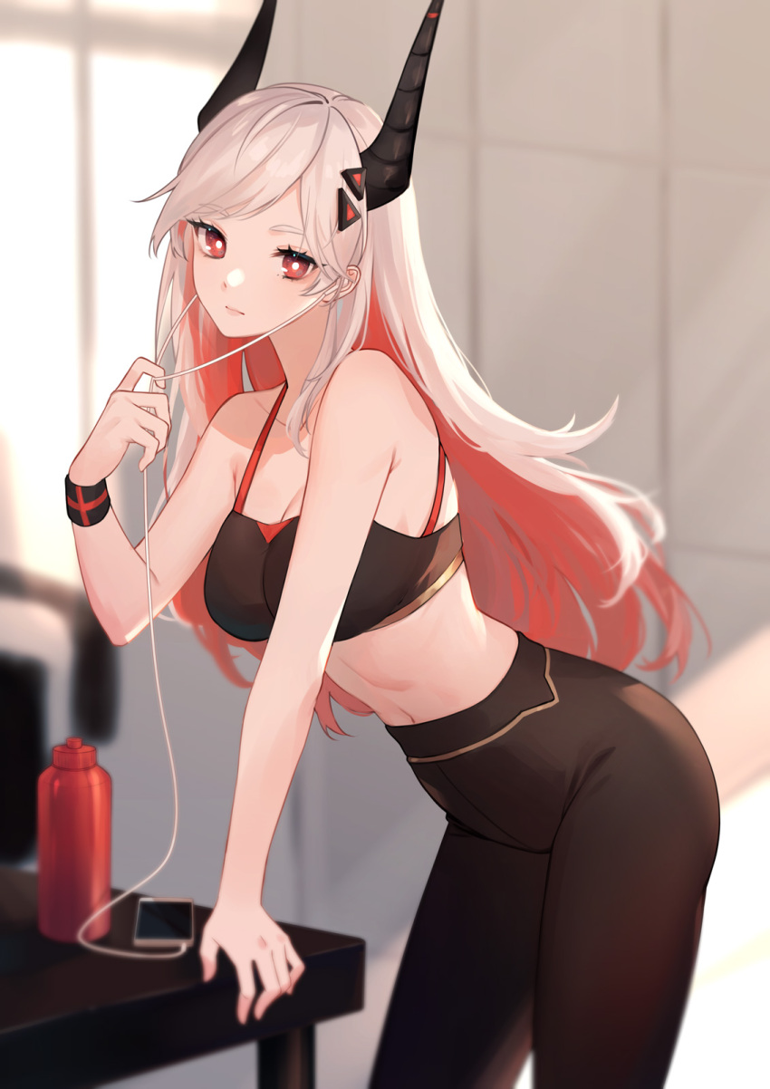 1girl black_legwear bottle breasts bright_pupils cellphone cleavage colored_inner_hair earbuds earphones english_commentary hair_behind_ear highres horns juwei leaning_forward leggings long_hair looking_at_viewer mahou_arms medium_breasts midriff multicolored_hair navel phone red_hair smartphone solo sports_bra water_bottle white_hair white_pupils xerxes_(mahou_arms)