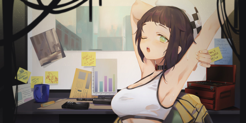 1girl :o arm_behind_head armpits black_collar black_hair breasts cleavage collar green_eyes hair_behind_ear highres looking_at_viewer mahou_arms medium_breasts one_eye_closed open_mouth photo_(object) portrait short_hair solo sports_bra stretch susan_(mahou_arms) white_sports_bra xiaociiao