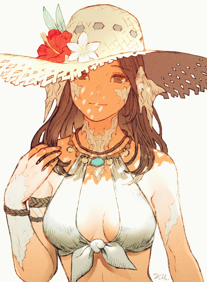 1girl absurdres arm_at_side armlet au_ra avatar_(ffxiv) bare_shoulders bikini bikini_top bracelet breasts brown_eyes brown_hair cleavage dappled_sunlight final_fantasy final_fantasy_xiv flower front-tie_bikini front-tie_top halterneck hand_on_own_shoulder hand_up hat hat_flower hat_ribbon hibiscus highres jewelry kuroimori long_hair looking_at_viewer medium_hair necklace pendant red_flower ribbon ribbon_trim rope shade simple_background small_breasts smile solo straw_hat sun_hat sunlight swimsuit white_background white_flower