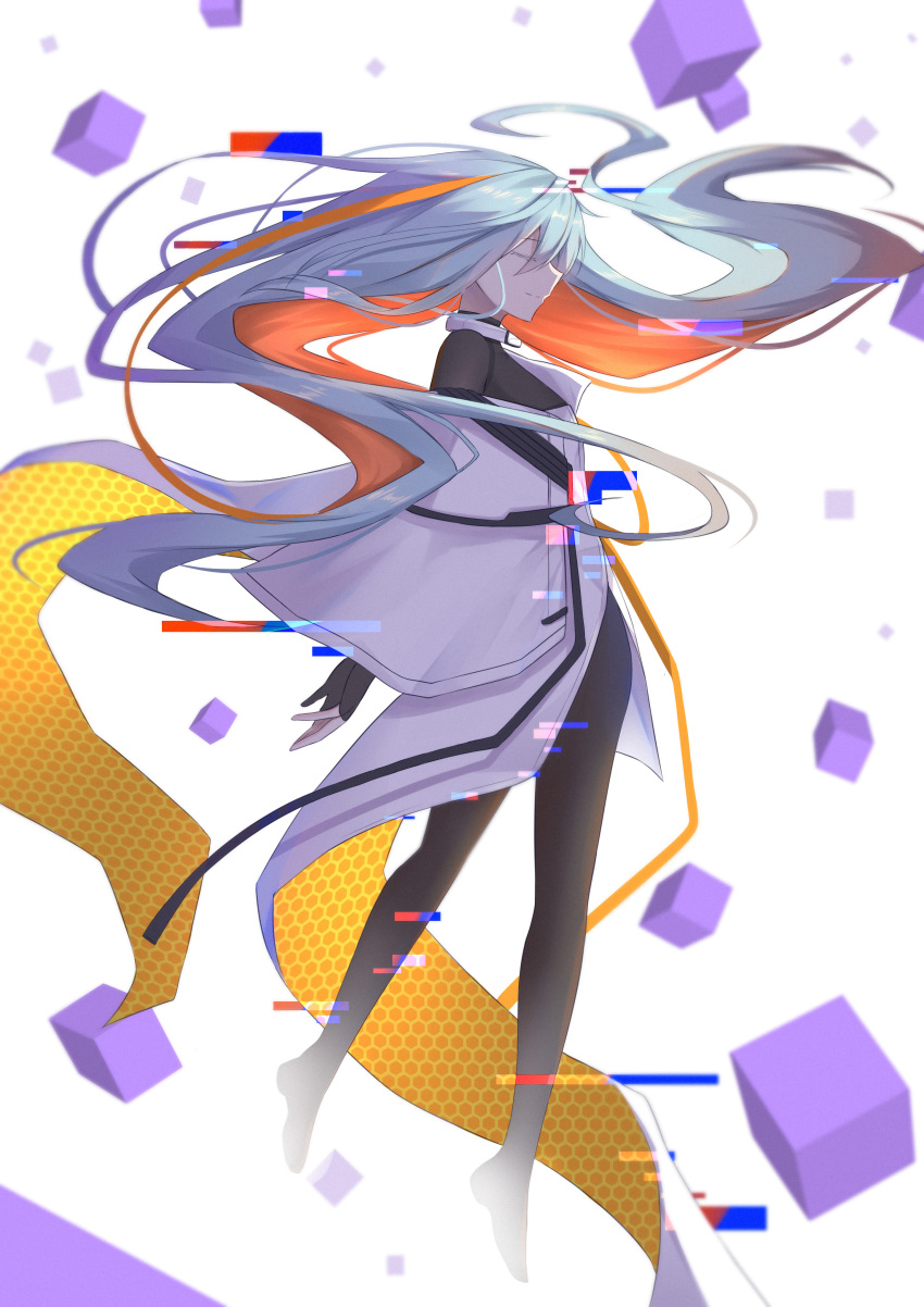 1girl absurdres black_gloves closed_eyes counter_side cube full_body glitch gloves highres honeycomb_(pattern) long_hair mr_yue_jian multicolored_hair orange_hair partially_fingerless_gloves sigma_(counter_side) silver_hair solo two-tone_hair white_background