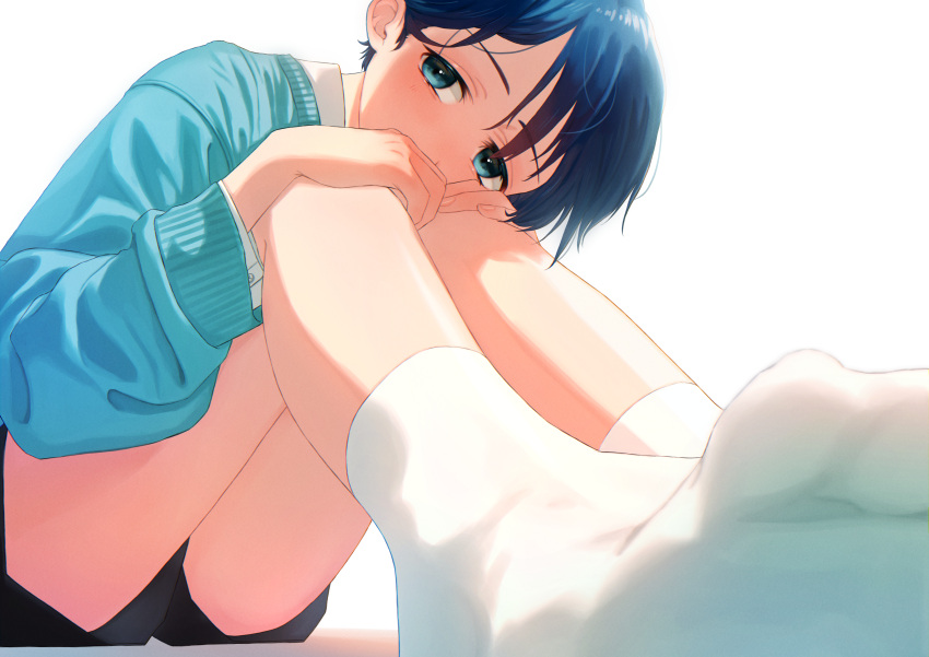 1boy absurdres bangs black_shorts blue_eyes blue_hair blue_sweater blurry blush covered_mouth depth_of_field from_below gumi_gorira hands_on_own_knees highres knees_up leaning_forward long_sleeves looking_at_viewer looking_away male_focus no_shoes original short_hair shorts sideways_glance simple_background sitting solo sweater swept_bangs white_background white_legwear
