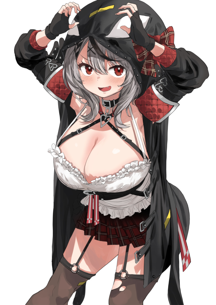 1girl arms_up black_collar black_jacket blush breasts cleavage collar cowboy_shot fang fingerless_gloves garter_straps gloves grey_hair heart heart_ring_choker highres hololive hood hood_up huge_breasts jacket leaning_forward long_sleeves looking_at_viewer miniskirt okbnkn open_clothes open_jacket open_mouth orca_hood plaid plaid_skirt red_eyes sakamata_chloe simple_background skirt solo thighhighs virtual_youtuber white_background