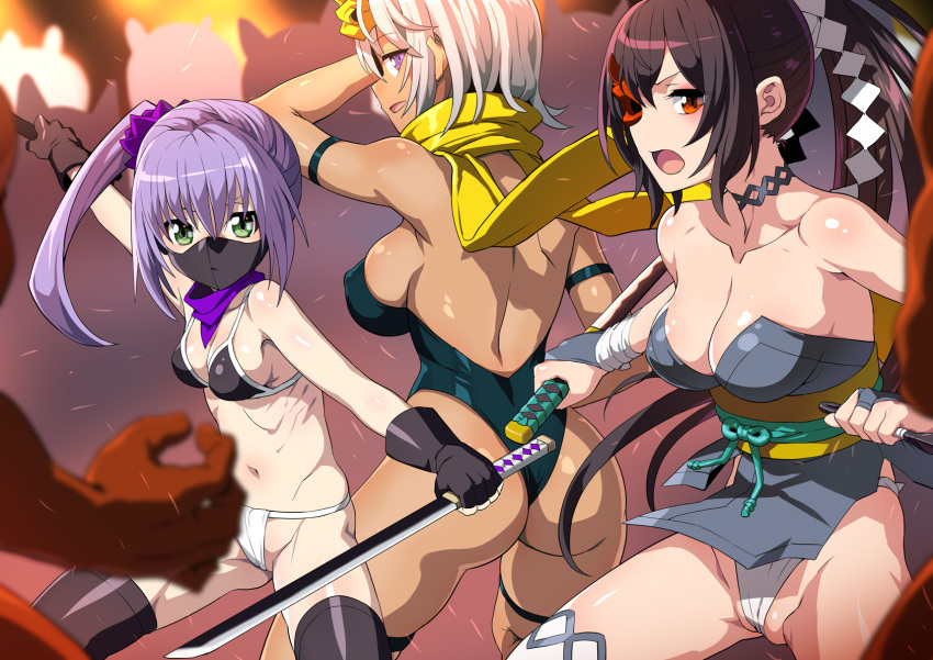 3girls arm_strap ass bare_shoulders black_gloves black_hair blurry breasts choker collarbone colored_skin copyright_request dark_skin depth_of_field dual_wielding eyebrows_visible_through_hair fingerless_gloves fundoshi gloves hair_between_eyes highres holding holding_sword holding_weapon japanese_clothes large_breasts long_hair looking_at_viewer looking_back mask medium_breasts mouth_mask multiple_girls navel obi outstretched_arms ponytail profile purple_eyes purple_hair red_eyes red_skin ribs sash scarf shin'ya_(shin'yanchi) short_hair sideways_mouth silhouette silver_hair small_breasts standing surgical_mask sword thigh_strap v-shaped_eyebrows very_long_hair weapon yellow_scarf