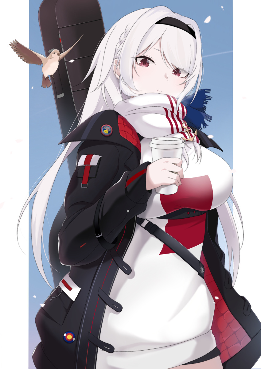 1girl absurdres anchor_symbol azur_lane belt bird black_belt black_hairband black_jacket coffee_cup colorado_(azur_lane) colorado_(traveling_melody)_(azur_lane) cup disposable_cup guitar_case hairband highres holding holding_cup instrument instrument_case instrument_on_back jacket long_hair looking_at_viewer official_alternate_costume open_clothes open_jacket oxygen_mask_(oxygenmask233) red_eyes scarf shoulder_strap solo sweater white_hair white_scarf white_sweater