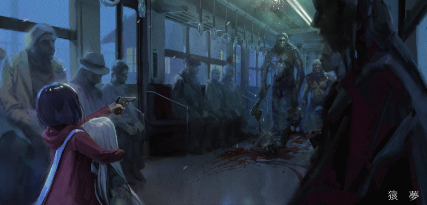 2ch 2girls ape axe blonde_hair blood brown_hair corpse from_behind ground_vehicle gun hand_grip highres holding holding_axe holding_gun holding_weapon horror_(theme) kamikoshi_sorawo multiple_girls nishina_toriko piza_rokumai surreal train train_interior urasekai_picnic urban_legend weapon