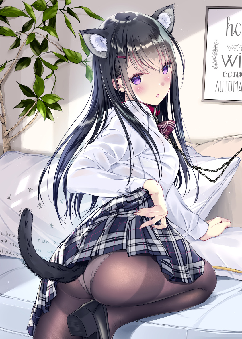 1girl absurdres animal_ear_fluff animal_ears bangs bed black_footwear black_hair black_legwear blush breasts cat_ears cat_tail checkered checkered_skirt clothes_lift collar commentary_request eyebrows_visible_through_hair hair_between_eyes hair_ornament hairclip highres indoors knee_up kobayashi_chisato long_hair long_sleeves looking_at_viewer looking_back medium_breasts open_mouth original panties panties_under_pantyhose pantyhose pillow purple_eyes revision school_uniform self-portrait shirt sidelocks skirt skirt_lift solo tail thighband_pantyhose underwear white_shirt