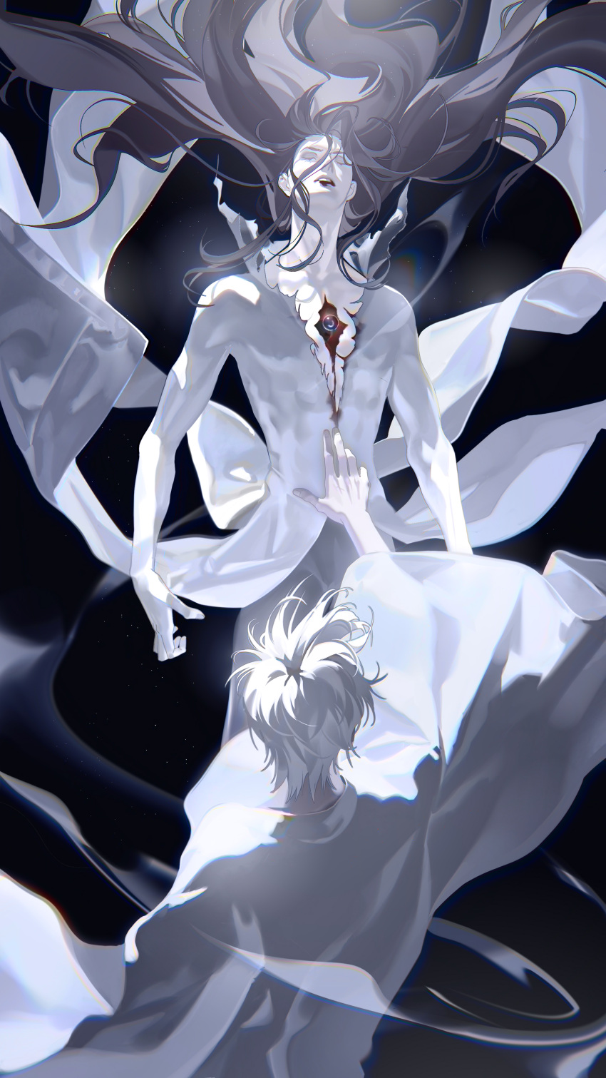 2boys absurdres aizen_sousuke black_background black_hair bleach blood blood_from_mouth closed_mouth coat facing_another facing_away facing_up floating_hair hair_between_eyes highres hole_in_chest hole_on_body ichimaru_gin japanese_clothes kimono light_particles long_hair long_sleeves male_focus multiple_boys orb outstretched_arm pale_skin parted_lips reaching short_hair simple_background torn_clothes tuotuo visible_air white_hair white_kimono wide_sleeves wind